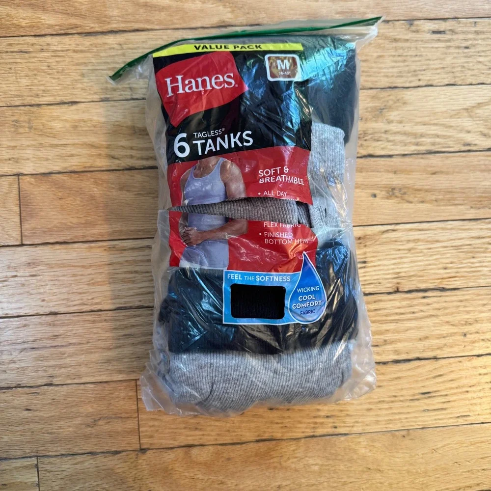 Hanes Mens Tagless Ribbed Tank Top 5 Pack Black Grey Heather Size M